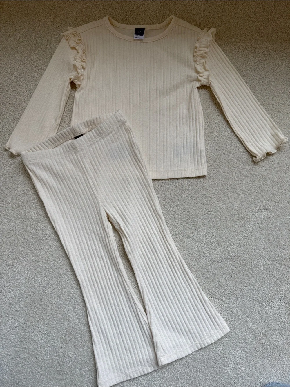 Old Navy Cream Ribbed Flare Pants & Ruffle Shoulder Top Set